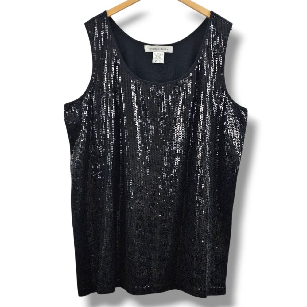 Chelsea Studio Sequin Tank Top Black Sleeveless Womens‎ 2X Dressy Evening *Flaw